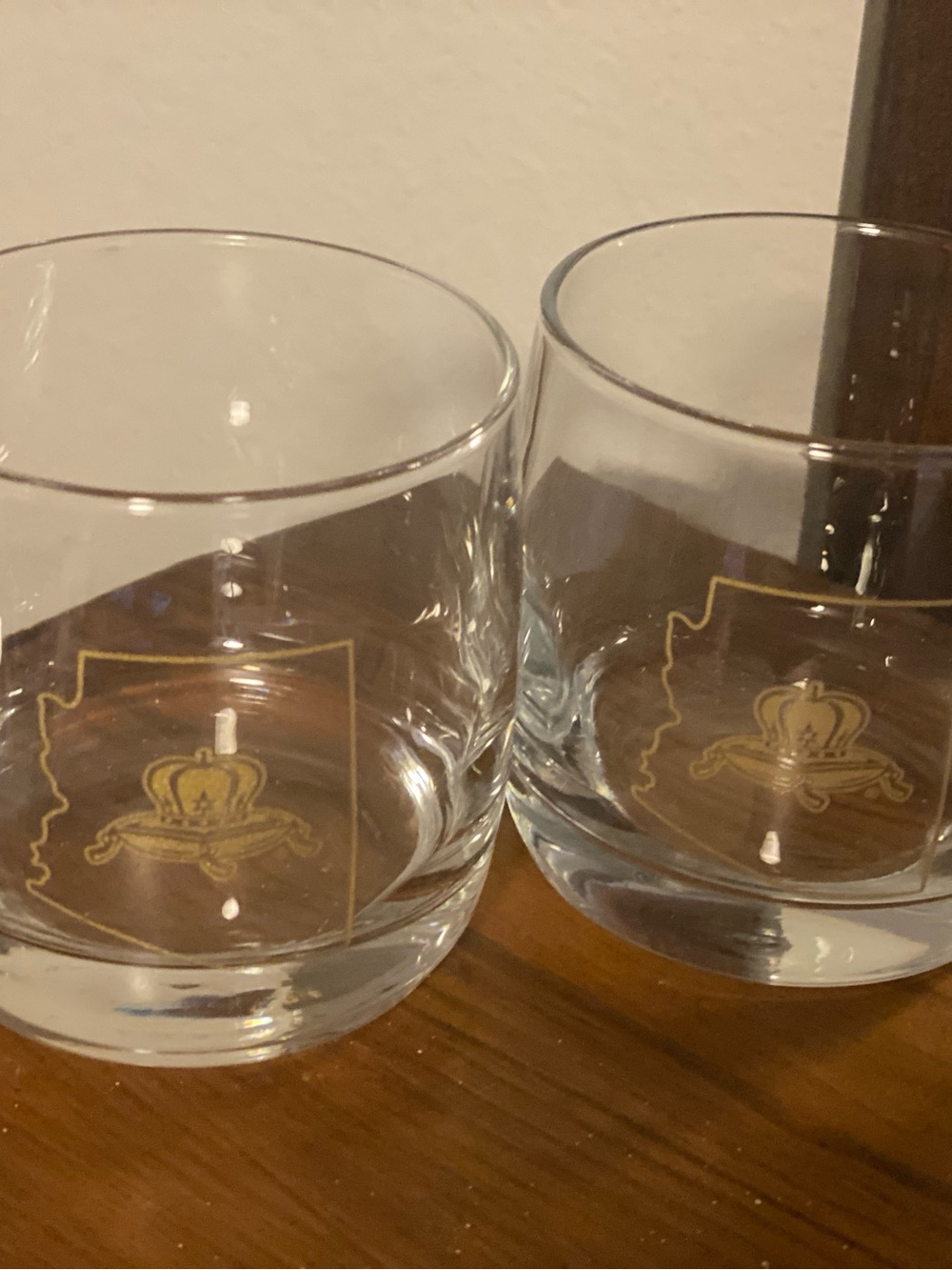 Set of 2 Vintage Crown Royal Glasses with Gold Arizona State Outline